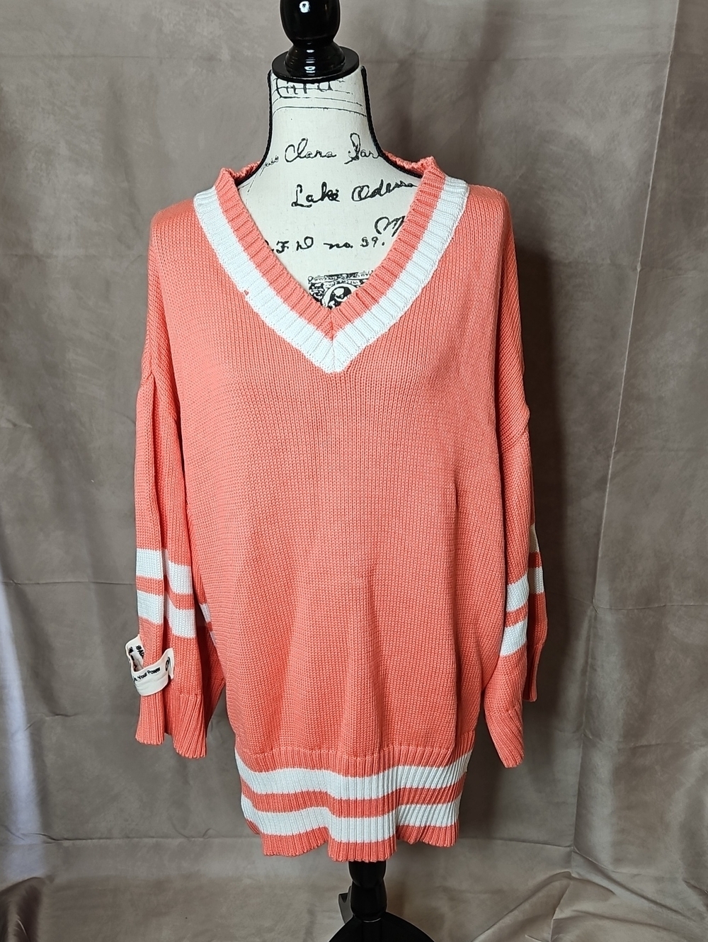 Viadellerose #VDR Coral with White Stripe Oversized V-Neck Sweater Size M/L